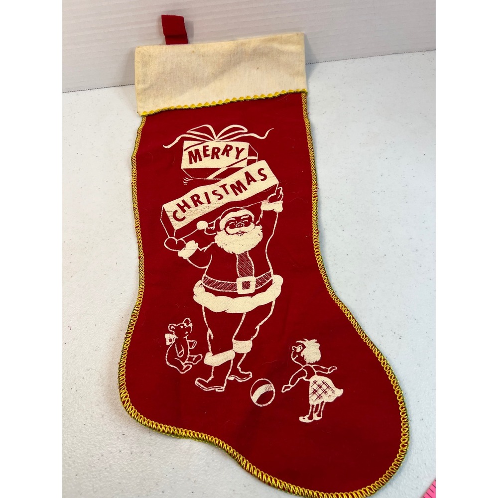 Vintage Red Felt Christmas Stocking Santa Claus Merry Christmas Graphic 16 inch